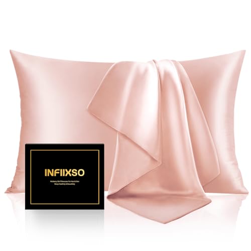Image of INFIIXSO Silk Pillow Cases 2 Pack Standard Size, Ultra Smooth & Soft Mulberry Silk Pillow Case for Hair and Skin, Breathable Cooling Silk Pillowcase with Hidden Zipper (Coral, 20x26 Inches)