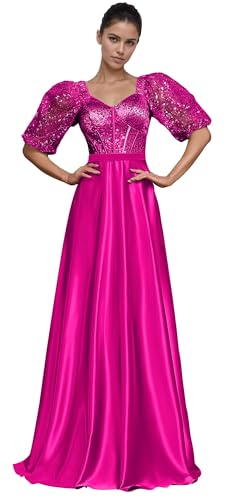PSDEJR Plus Size Sequin Prom Dresses for Women Square Neck Puffy Short Sleeve Formal Party Dresses Sparkly Floor Length Ball Gowns Fuchsia US 20Plus Fuchsia