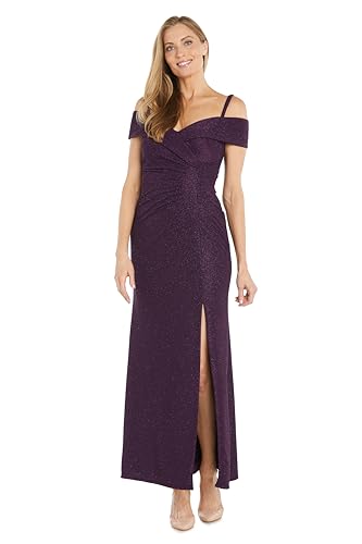 R&M Richards Elegant Glitter Knit Gown | Portrait Collar Cold-Shoulder Sleeves Long Dress W/Side Drape & Slit Plum