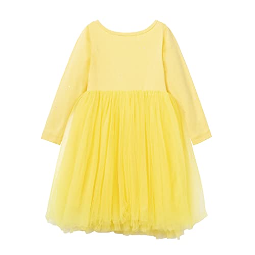 Littlespring Tutu Dresses For Little Girls Size 7-8 Sparkly Dress Tulle Long Sleeve Dress Party Plain Sequin Yellow Crew Neck #TOP1