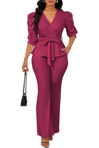 Women's Dressy Two Piece Set Wide Leg Pant Suit with Pockets WineRed L