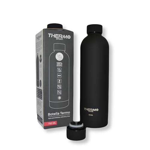 THERMOSPORT - Botella de Agua de Acero Inoxidable - Termo Reutilizable SIN BPA, con Doble Pared Aislante y ¨Soft Touch¨ Negro Mate, Ideal para Mantener Bebidas Calientes y Frías (Café, Té) (750 ml)