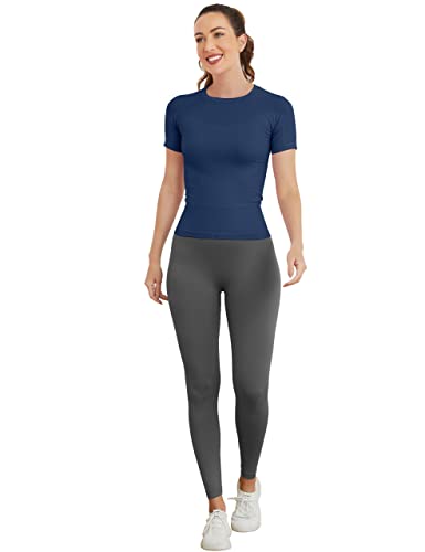 Image of MathCat Short Sleeve Workout Tops for Women, Seamless Women's Compression Shirt, Yoga Running Athletic Shirts Soft Gym Tops