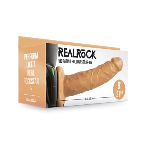 Shots RealRock 8" Vibrating Hollow Strap On W/O Balls - Tan
