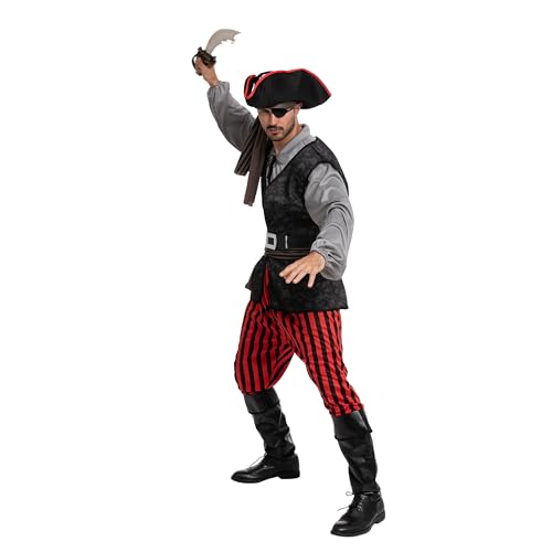 Spooktacular Creations Men Pirate Costume, Adult Pirate Shirt Vest Viking Pants Hat Set for Halloween Themed Parties4
