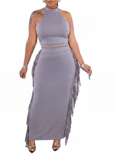 Image of 2 Piece Outfits for Women Sexy Halter Neck Sleeveless Crop Tops Ruched Bodycon Dresses Jumpsuits Fringe Skirt Sets