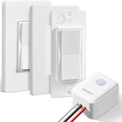 SURAIELEC 3 Way Wireless Light Switch and Receiver Kit, Decorator Rocker Wall Switch, 15 AMP, 100FT, No Wiring No WiFi, Remote Control for Lighting, Neutral Wire Required (Upgrade Antenna Model)