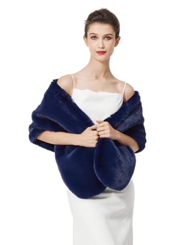 Image of BEAUTELICATE Faux Fur Wrap Shawl Shrug Stole for Women Brides Bridesmaids Winter Wedding Evening Party (One Size, Upgraded - Navy Blue)