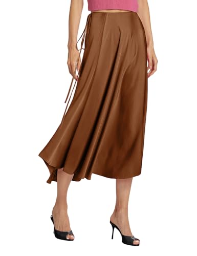 SEBOWEL Women Satin Maxi Long Skirt Silk Side Tie A Line Swing Midi Skirt Silky Flowy Ruffle Pleated Cocktail Party Skirts3