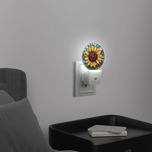 Image of Round LED Night Lights Lamp with Dusk to Dawn Sensor, Yellow Sunflower in The Center Night Light Plug Into Wall for Kids Room, Bedroom, Bathroom, Kitchen, Hallway