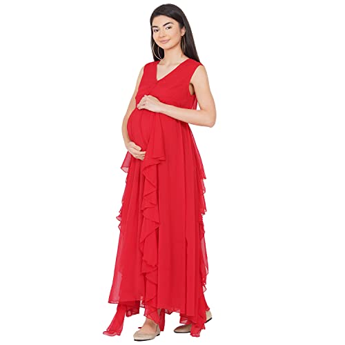 Image of Mine4Nine Women's Maternity Solid Red Color Maxi Baby Shower Dress for Women /Soft Comfortable Nursing Dress with Front Button Attached for Post-Pregnancy