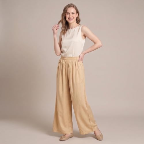 Image of FASHION GALLERY Women's Solid Rayon Palazzo Pants | Relaxed Fit Full Length Wide Leg Palazzo | Elastic Waist Comfortable Casual Lounge Office Ethnic Flared Trousers for Women