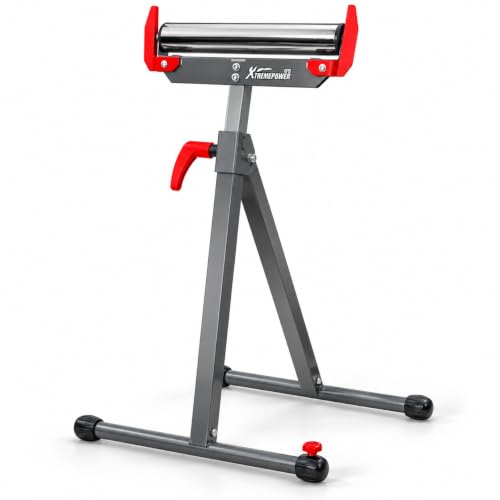 XtremepowerUS Folding Roller Stand, 250 LBS Capacity Height Adjustable 28"-43.5", Heavy Duty 12" Roller Support Stand for Miter Saw, Table Saw, Woodworking & Outfeed