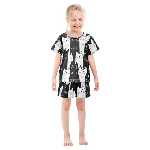 ALAZA White Black Cat Cartoon Pajamas Set Short Sleeve Cotton Sleepwear Summer Pjs 2 Piece 5-14Y3