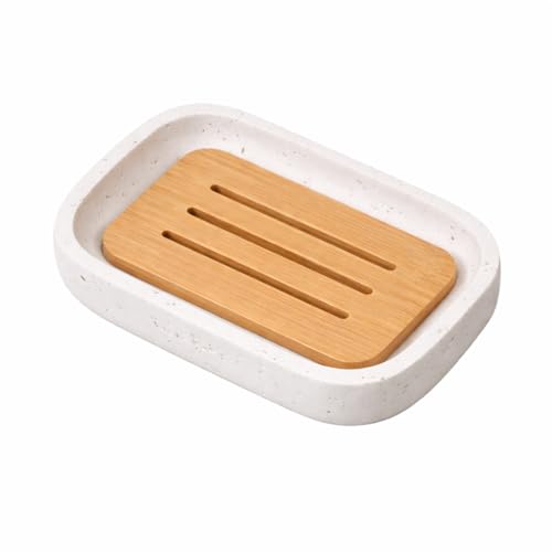Porte-Savon Résine Style Wabi-Sabi avec Séparateur en Noyer | Support Salle De Bain Design Naturel | Plateau Texturé Effet Pierre pour Lavabo Et Douche-Blanc