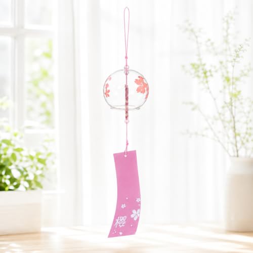 Image of Artibetter Japanese Glass Wind Chime Hanging Bell with Cherry Blossom Design | Handmade Furin Wind Bell for Home, Balcony, Garden, Patio, Window & Gift Decor (Pink)