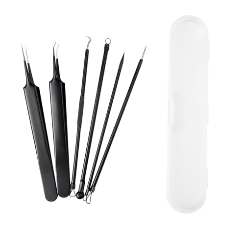 Kit de herramientas para eliminar espinillas y espinillas para nariz, cara, piel, herramienta extractora de imperfecciones (kit de 6 piezas), color negro