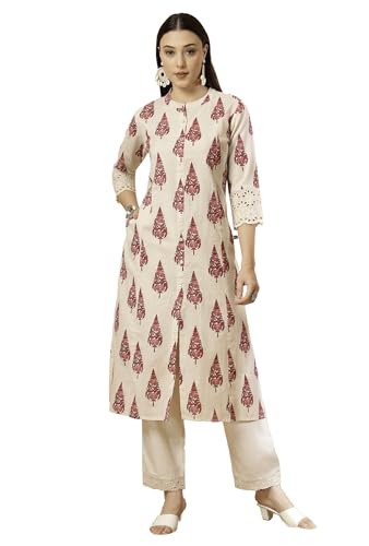 Image of Pistaa's Women's Cotton Regular Fit A Line Regular A-Line Printed Cutwork Sleeve Kurta