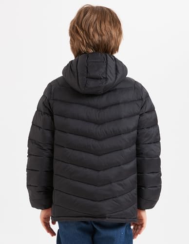Image of Boys Hooded Lightweight Puffer Jacket Waterproof Kids Winter Coat | Stand-Up collar, elastic hood and cuffs, soft chin guard, inside pocket. Chevron Stitching Secures Fill, windproof shell.