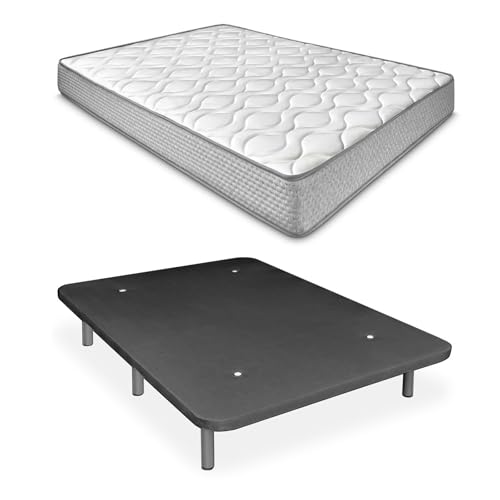 Duérmete Online - Cama Completa con Colchón Marko Reversible + Base Tapizada Extra Resistente con 6 Patas Cilíndricas Metálicas Roscadas, 135 x 190, Gris Oscuro