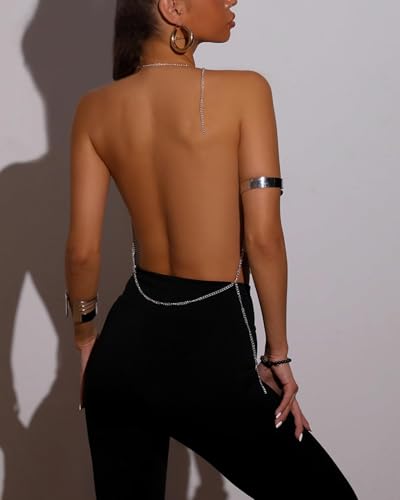 PartyArt Women Rhinestone Tops Sparkly Sexy Deep V Backless Crop Top Sleeveless Hanging Neck Metal Chain Club Party Clubwear2