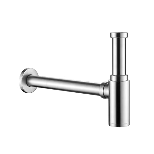 ZYNUHMO Sifone lavandino, tubo di scarico con apertura di pulizia, tubo di scarico universale, 1 1/4, antiodore, acciaio inox, spazzolato