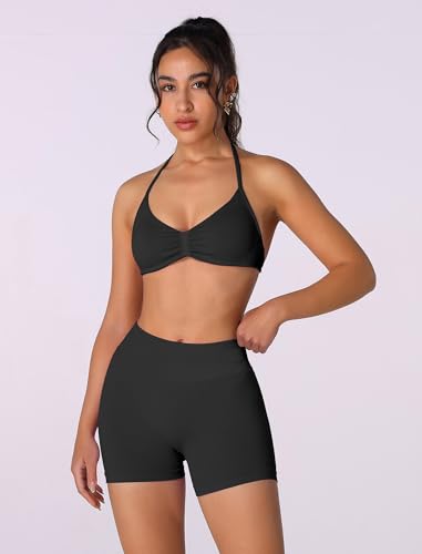 Image of ABOCIW Womens Seamless Workout Sets 2 Piece Strappy Halter Sports Bra Scrunch Butt Shorts Gym Yoga Outfits