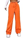SOLY HUX Women's Cargo Pants Elastic High Waisted Loose Straight Jogger Leg Pocket Trousers Y2K Pants Solid Orange L