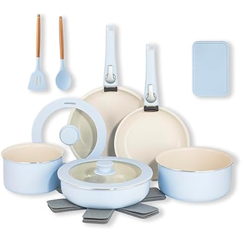 GOTHAM STEEL 18 Pc Removeable Handle Pots and Pans Set Non Stick, Kitchen Cookware Sets, Ceramic Cookware Set, Non Toxic, Nesting Camping Cookware, Oven and Dishwasher Safe - Blue Cover