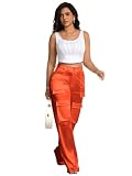 Aressdom Metallic Cargo Pants for Women Shiny High Waist Wide Leg Pants with Pockets, Going Out Outfits, Orange, S