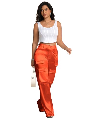 Aressdom Leather Pants for Women Loose Birthday, Club, Brunch, Orange, M
