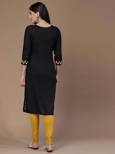 Image of QAZMI Women's Floral Aari Embroidered Viscose Rayon 3 /4 Sleeves Straight Kurta