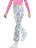 LOLANTA Girls Sequin Flare Pants Sparkle Bell Bottoms Kids Elastic Waist Glitter Disco Dance Trousers(Silver,11-12Y)