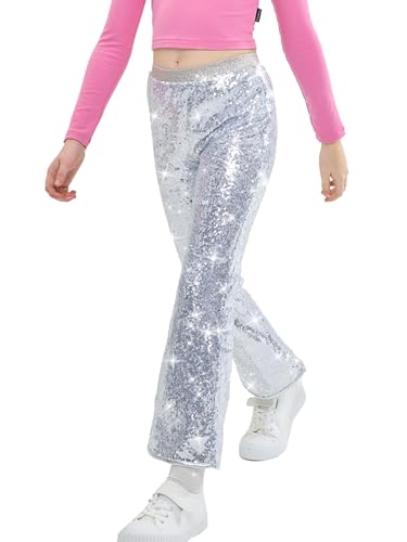 Image of LOLANTA Girls Sequin Flare Pants Sparkle Bell Bottoms Kids Elastic Waist Glitter Disco Dance Trousers(Silver,9-10Y)