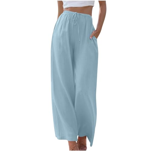 Women's Linen Palazzo Pants Summer Trendy Beach Travel Long Pant Casual Elastic Waist Drawstring Wide Leg Trousers Sky Blue