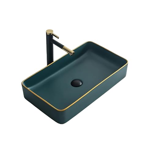Image of OSOSAM Designer Ceramic Tabletop Basin - Green & Gold Line Slim Rim Vessel Sink for Bathroom & Living Room (24x14x5.5 Inch)
