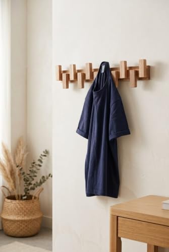 Image of Wooden Wall Mounted Coat Rack with Multiple Hooks, Decorative Wall Hanger for Clothes, Jackets, Bags, Scarves, Towels & Home Organization (up Down 6 Hook)