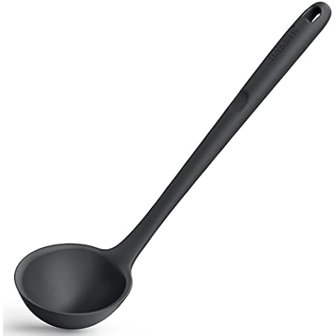 34 cm Silicone Soup Ladle: U-Taste 315℃ Heat Resistant Non-Stick Seamless Rubber Large Kitchen Deep Serving Spoon with Non-Slip Solid Long Handle for Cooking Sauce, Stews, Gravies, Chili (Black) Cover