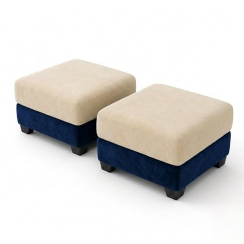 Image of Revola 5 Seater L Shape Sofa Set with 2 Movable Ottomans | Flexible Layout | Luxury Velvet Suede Fabric | Modern Living Room Sofa | Dark Blue-Cream