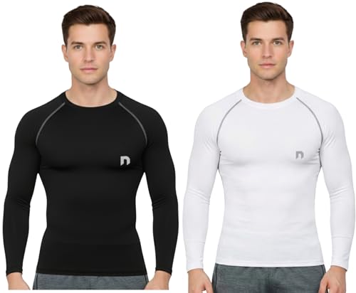 Image of NEVER LOSE Men's Compression Ultima T-Shirt Top Skin Tights Fit Lycra Inner Wear Full Sleeve for Gym Cricket Football Badminton Sports Combo (Pack of 2)