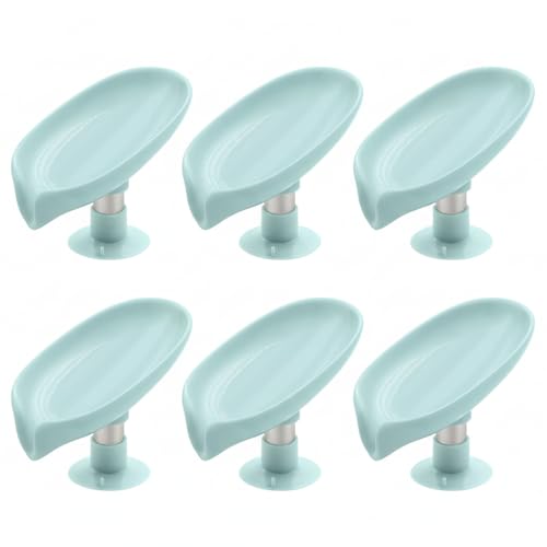 Image of Self-Draining Soap Dish (Set of 6) - Modern Leaf Design with Drainage Holes, Leak-Proof & Durable Plastic for Bathroom or Kitchen Sink, Easy to Clean (Blue)