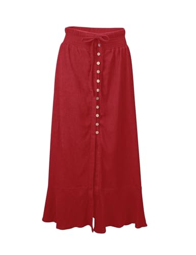 Image of Minclouse Women's Elastic Tie Waist Button Down Maxi Skirts Casual Loose Flowy Swing Slit Front Dress