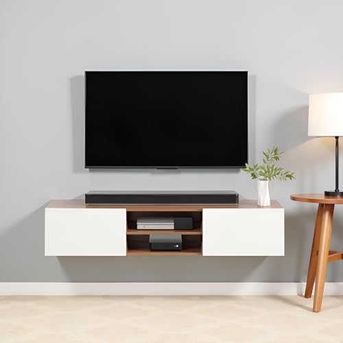 Image of FURNEASER Sasia Modern Wall Mounted TV Unit for 32 /42 /55 Inch TV | Floating Entertainment Unit with Storage | Engineered Wood TV Cabinet for Living Room | TV Stand with Doors (Exotic Teak & White)