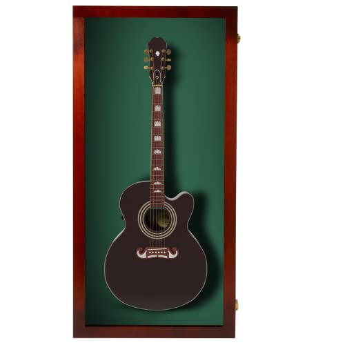 PENNZONI Extra Large Acoustic Guitar Display Case - Wall Mount Display Case for Acoustic/Electric Guitars - Ultra Clear Acoustic Guitar Solid Wood Frame Display Case | Cherry, Green Felt