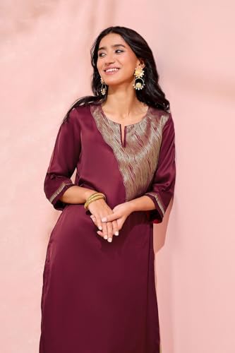 Image of Taneira Women Viscose Brocade Dark Pink Kurta for Women (KUAM36DPM-Dark Pink-M)