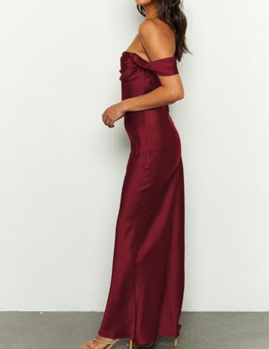 Image of Realtix Satin Off The Shoulder Strapless Bridesmaid Maxi Dress for Women | Elegant,Ruched,Backless,Long,Tube,Sleeveless,Bridesmaid,Wedding Guest,Evening,Cocktail Party,Semi Formal,Garden Party
