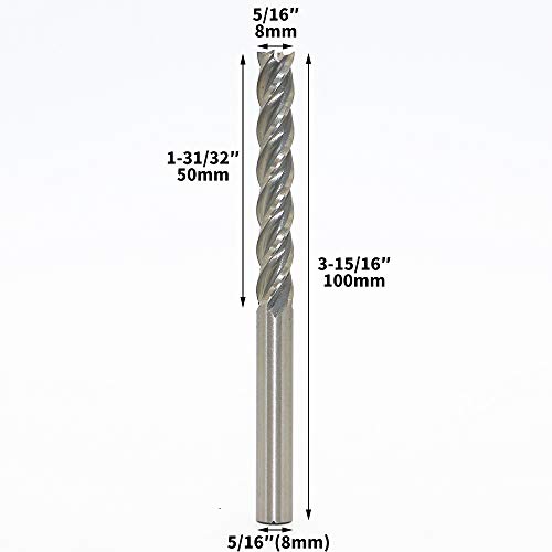 5/16" Hss End Mill 8Mm Cutting Dia 8Mm Shank Dia Extra Long Straight Shank End Mill Bit, 4 Flute High Speed Steel Milling Cutter For Wood, Steel, Aluminum, Titanium, Foam, Total Length 100Mm #TOP5
