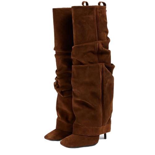 Elastic Leather Knee High Boots for Women,Women's Suede Slouchy Closed Square Toe Stiletto High Heel Tall Boots Comfortable Pull on Long Boots Sexy Fashion Mid Calf Fold Over Knee Boots Western Cowboy Boots Shoes