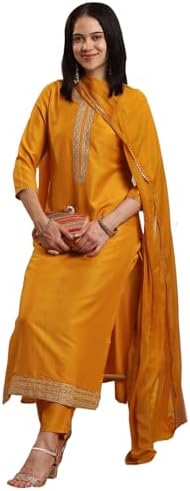 GoSriKi Women Rayon Viscose Straight Fit Printed Kurta Palazzo Dupatta Set | V Neck 3/4 Sleeve Outfit | Soft Breathable Fabric | Comfortable Styling for Office Casual Daily Use