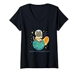 Damen Kosmic Planet Whisperer Astralkatze T-Shirt mit V-Ausschnitt